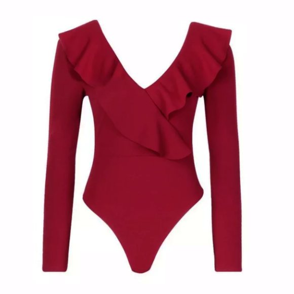 Boohoo Dark Red Ruffle Long Sleeved Bodysuit - Picture 1 of 7